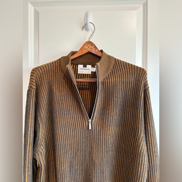 TOPMAN 1/4 Zip Sweater Mock Neck Stripped Brown Black - Picture 4 of 7